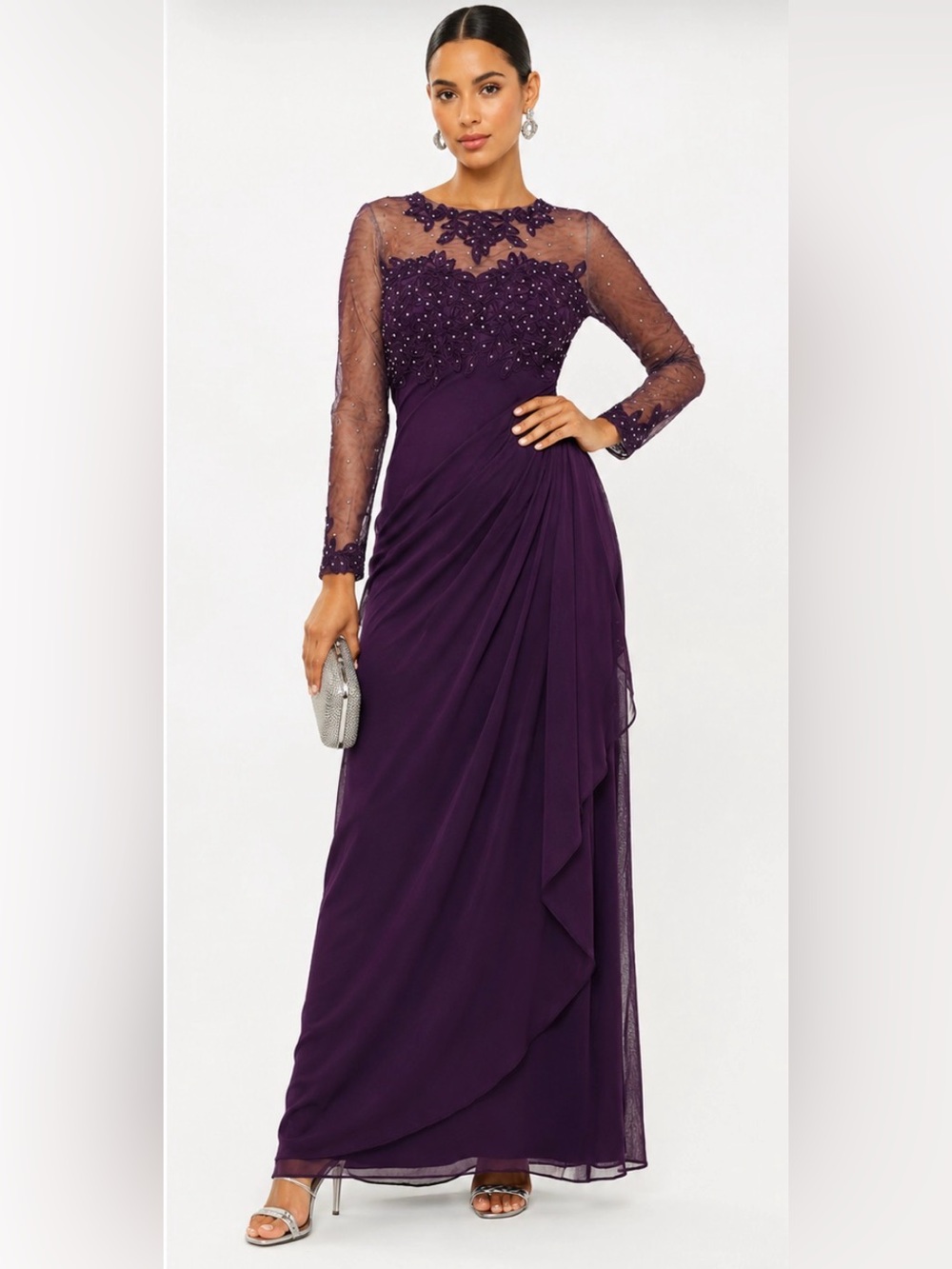 NWT Elegant Purple Beaded Long Sleeve Evening Dress